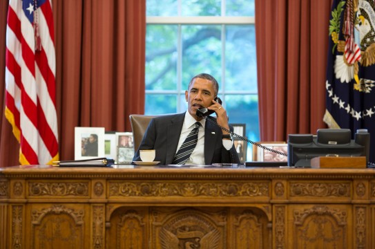President Barack Obama talks with President Hassan Rouhani of Iran during a phone call in the Oval Office, Sept. 27, 2013. (Official White House Photo by Pete Souza) 
This official White House photograph is being made available only for publication by news organizations and/or for personal use printing by the subject(s) of the photograph. The photograph may not be manipulated in any way and may not be used in commercial or political materials, advertisements, emails, products, promotions that in any way suggests approval or endorsement of the President, the First Family, or the White House.