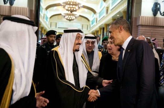 King Salman bin Abdulaziz  of Saudi Arabia bids farewell to President Barack Obama at Erga Palace in Riyadh, Saudi Arabia, Jan. 27, 2015.  (Official White House Photo by Pete Souza)

This official White House photograph is being made available only for publication by news organizations and/or for personal use printing by the subject(s) of the photograph. The photograph may not be manipulated in any way and may not be used in commercial or political materials, advertisements, emails, products, promotions that in any way suggests approval or endorsement of the President, the First Family, or the White House.