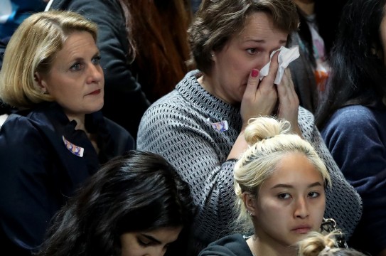 NEW YORK, NY - NOVEMBER 08:  A woman wipes her eyes as she watches voting results come in at Democratic presidential nominee former Secretary of State Hillary Clinton's election night event at the Jacob K. Javits Convention Center November 8, 2016 in New York City. Clinton is running against Republican nominee, Donald J. Trump to be the 45th President of the United States.  (Photo by John Moore/Getty Images) Getty Images North America  681261599 621810542